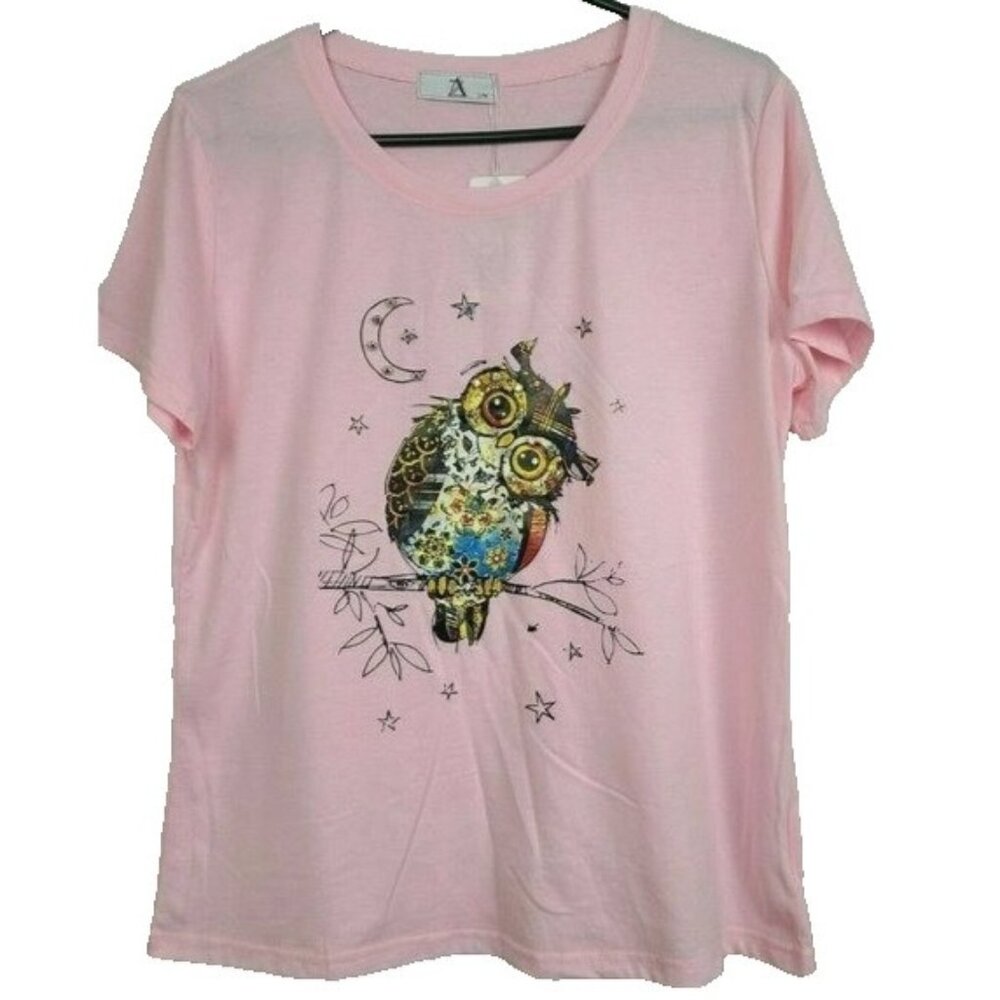 AZ Womens T-Shirt‎ S/M Pink Owl Rhinestone Embellished Short Sleeve Novelty NWT